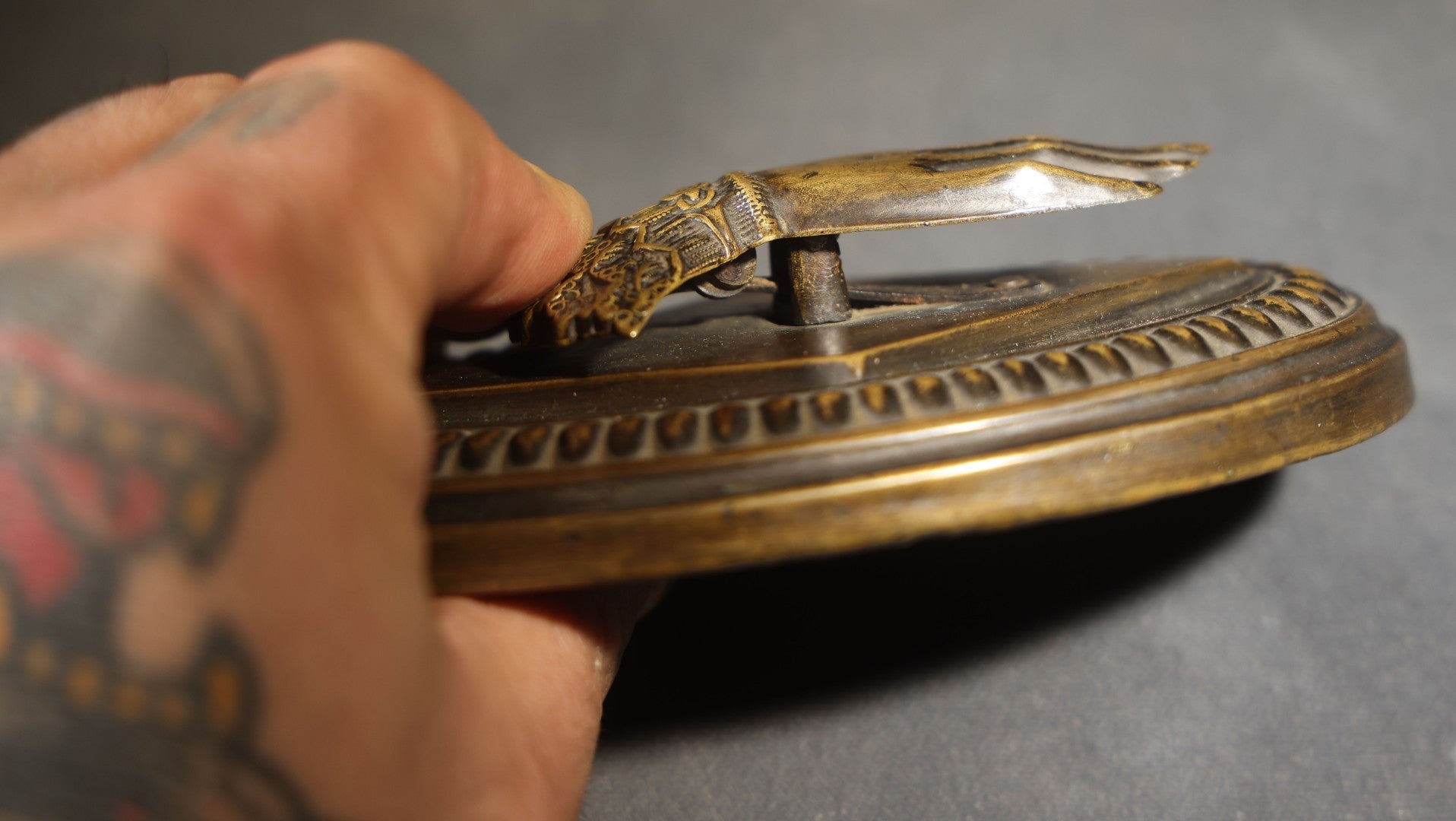Antique Victorian Hand-Form Paper Clip with Ornate Cuffed Sleeve, Pressed Brass with Cast Iron Weighted Base