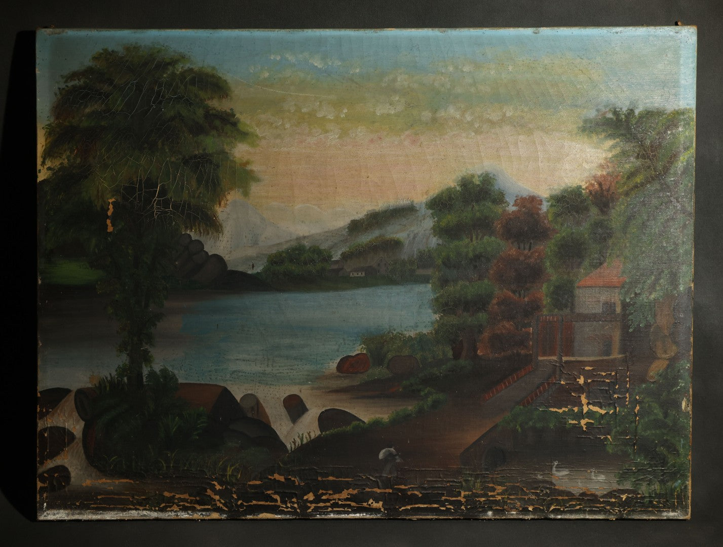 Antique Oil Painting on Canvas Depicting River Landscape with Building and Mountain Vista, poor condition