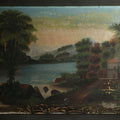 Lot 014 - Antique Oil Painting on Canvas Depicting River Landscape with Building and Mountain Vista, poor condition, 24" W x 18" H