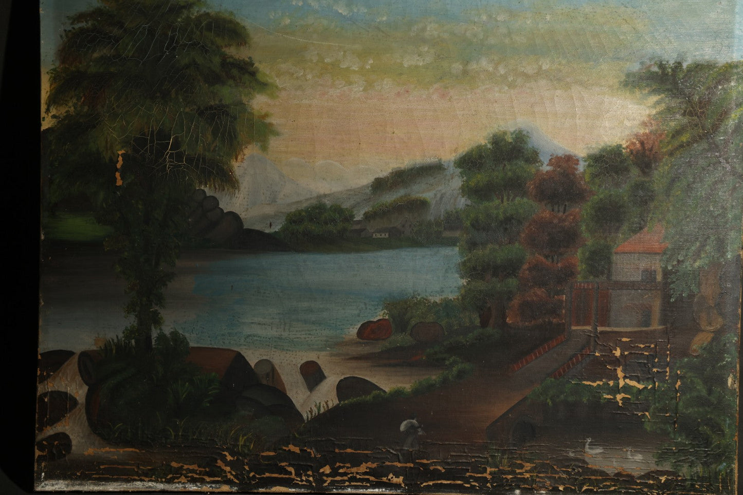 Antique Oil Painting on Canvas Depicting River Landscape with Building and Mountain Vista, poor condition