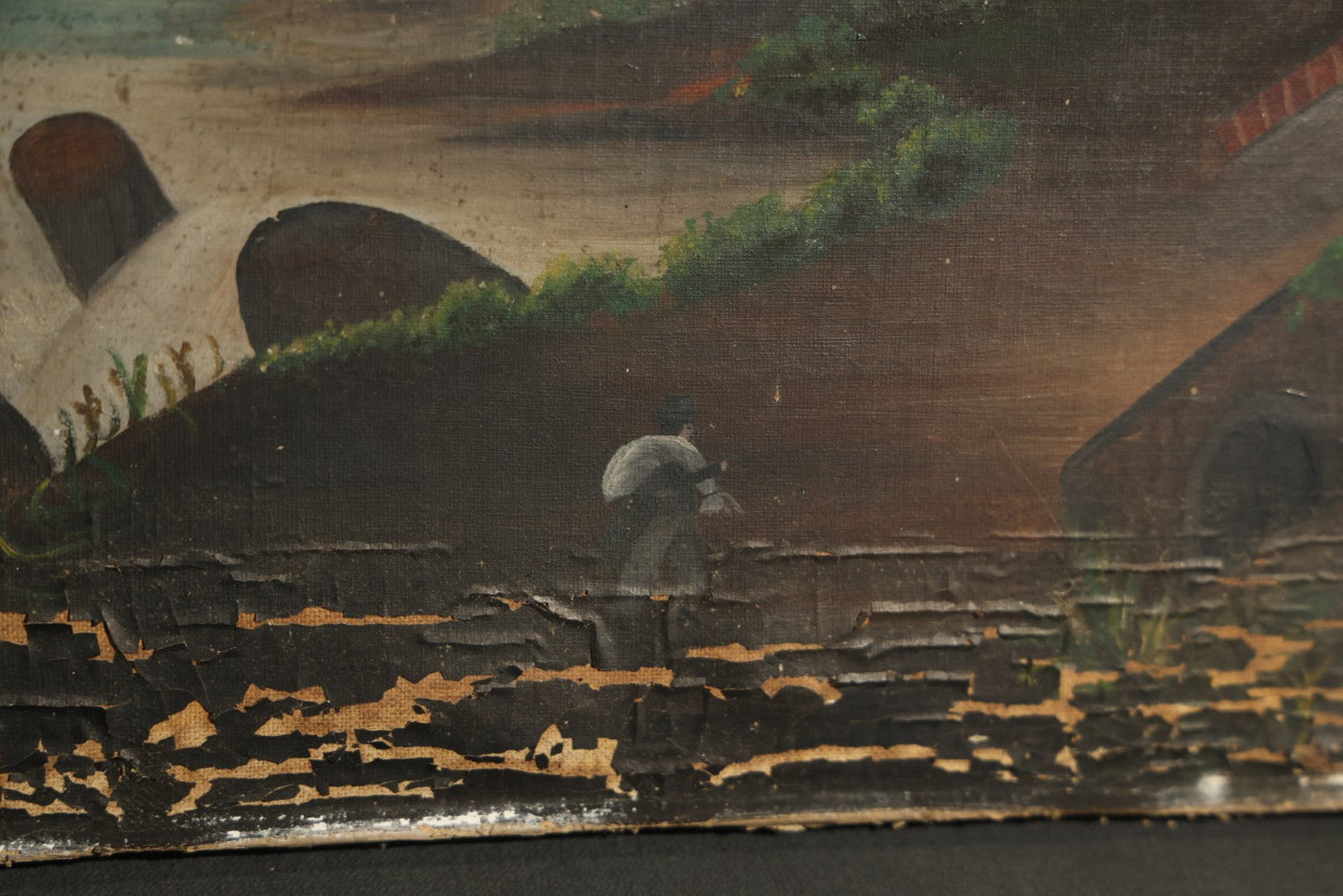 Antique Oil Painting on Canvas Depicting River Landscape with Building and Mountain Vista, poor condition