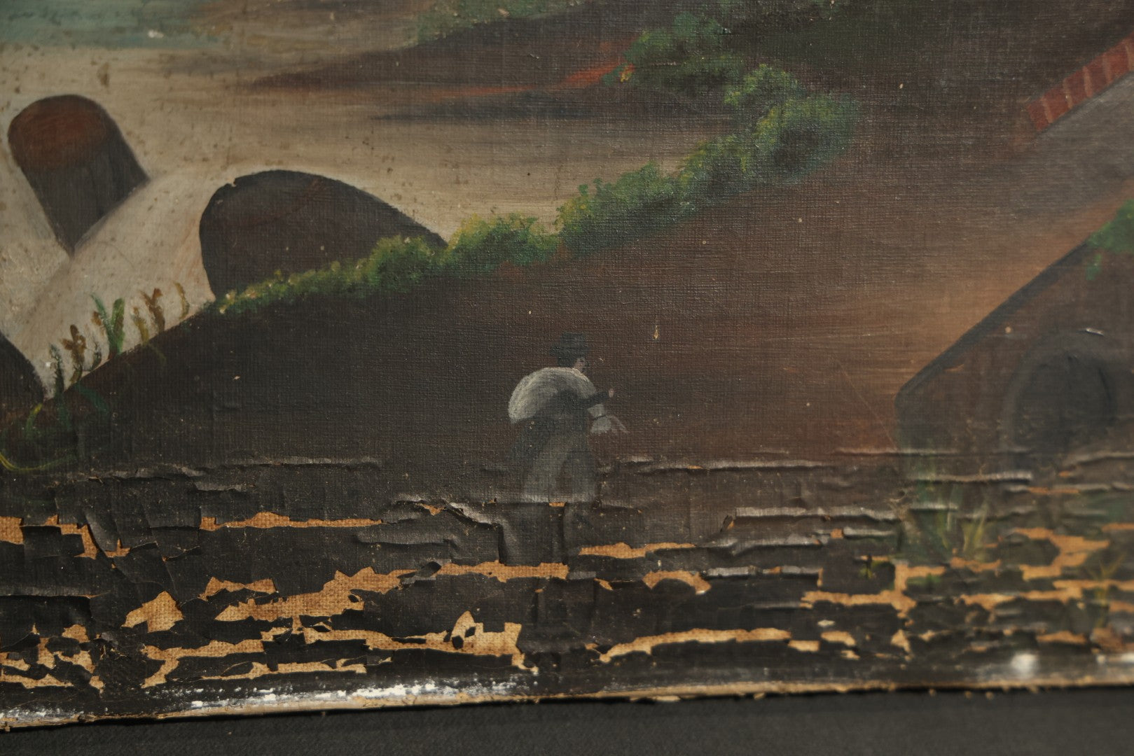 Antique Oil Painting on Canvas Depicting River Landscape with Building and Mountain Vista, poor condition
