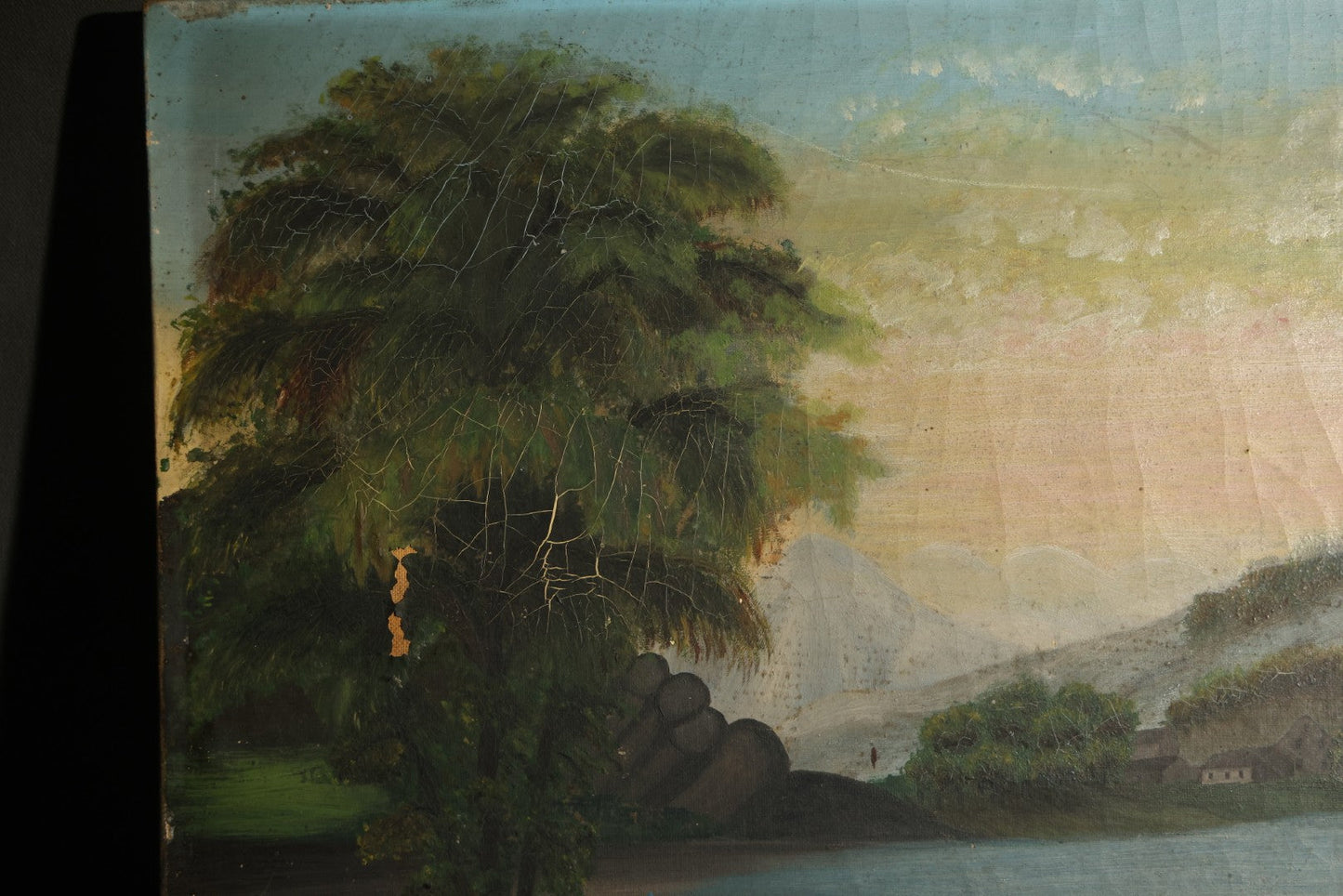 Antique Oil Painting on Canvas Depicting River Landscape with Building and Mountain Vista, poor condition