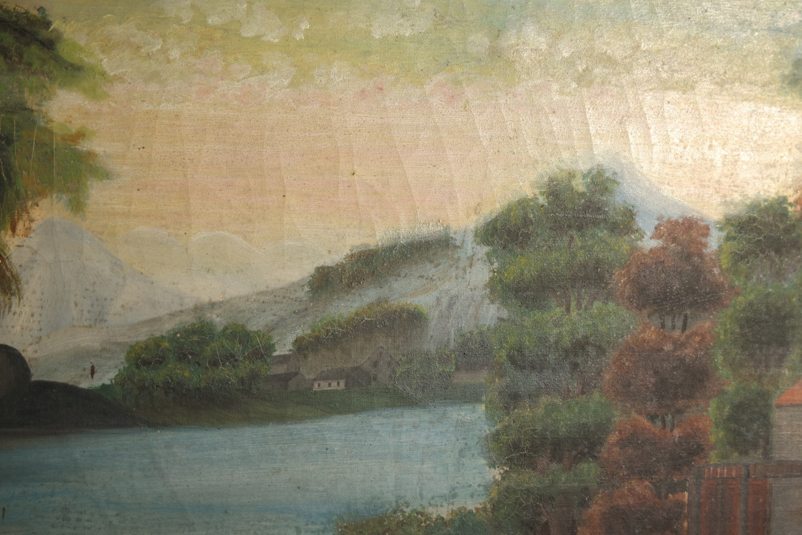 Antique Oil Painting on Canvas Depicting River Landscape with Building and Mountain Vista, poor condition