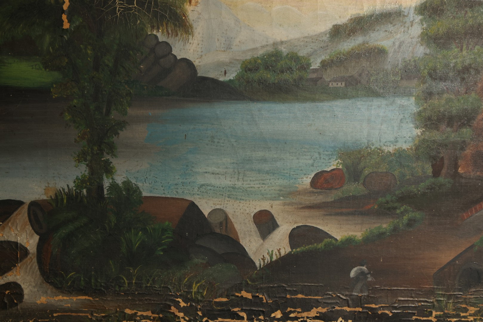Antique Oil Painting on Canvas Depicting River Landscape with Building and Mountain Vista, poor condition