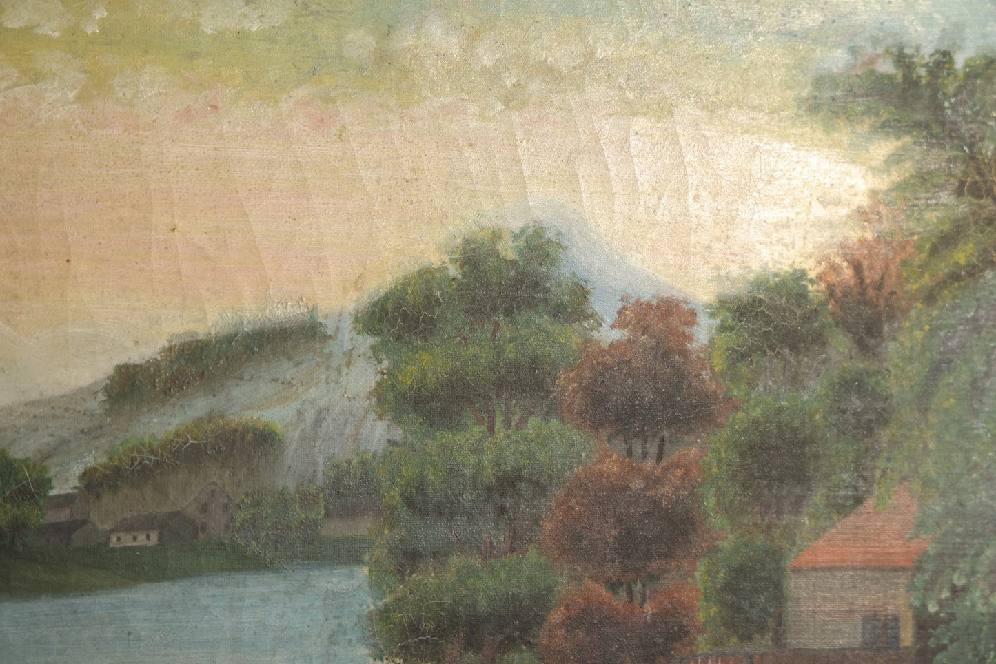 Antique Oil Painting on Canvas Depicting River Landscape with Building and Mountain Vista, poor condition