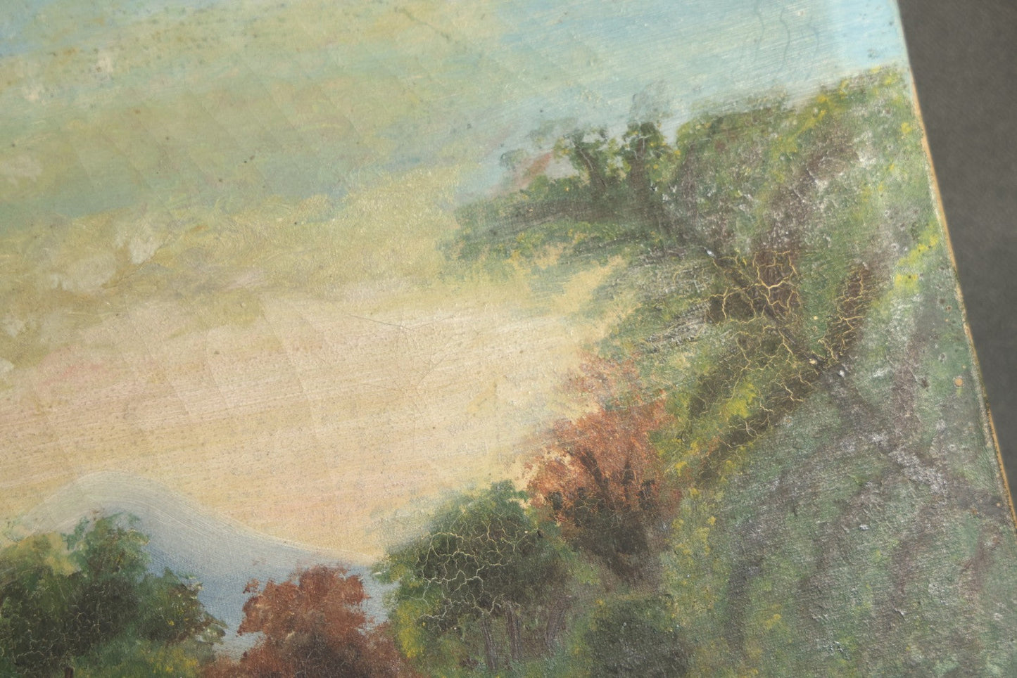 Antique Oil Painting on Canvas Depicting River Landscape with Building and Mountain Vista, poor condition