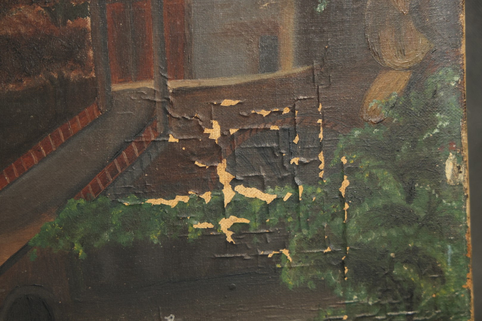 Antique Oil Painting on Canvas Depicting River Landscape with Building and Mountain Vista, poor condition