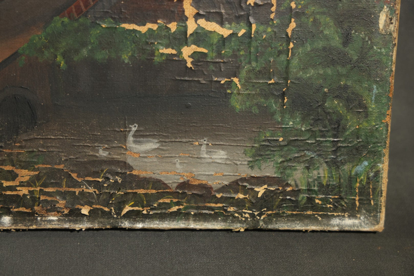 Antique Oil Painting on Canvas Depicting River Landscape with Building and Mountain Vista, poor condition