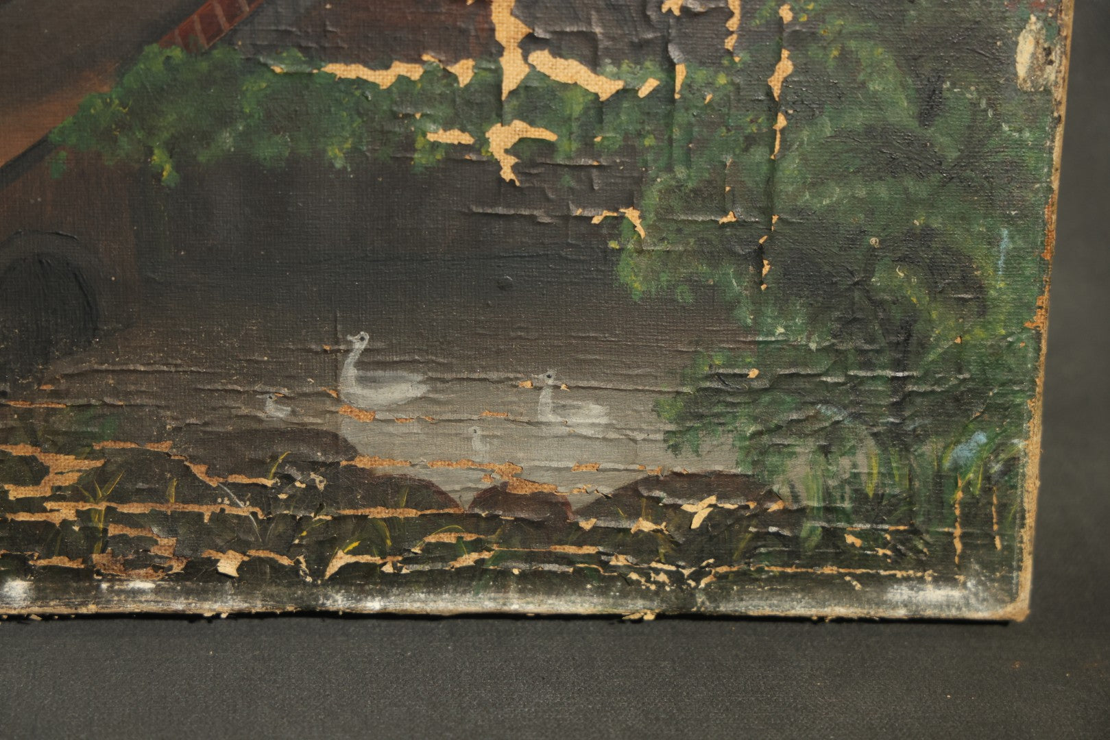 Antique Oil Painting on Canvas Depicting River Landscape with Building and Mountain Vista, poor condition
