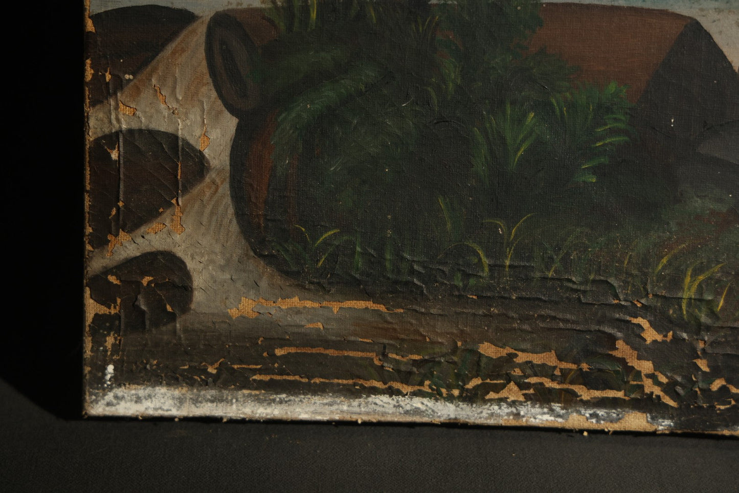 Antique Oil Painting on Canvas Depicting River Landscape with Building and Mountain Vista, poor condition
