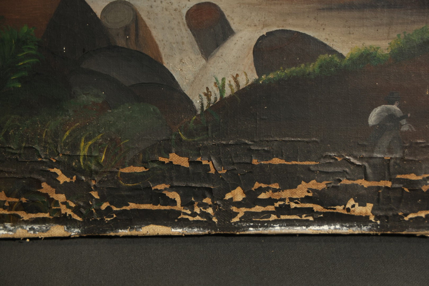 Antique Oil Painting on Canvas Depicting River Landscape with Building and Mountain Vista, poor condition