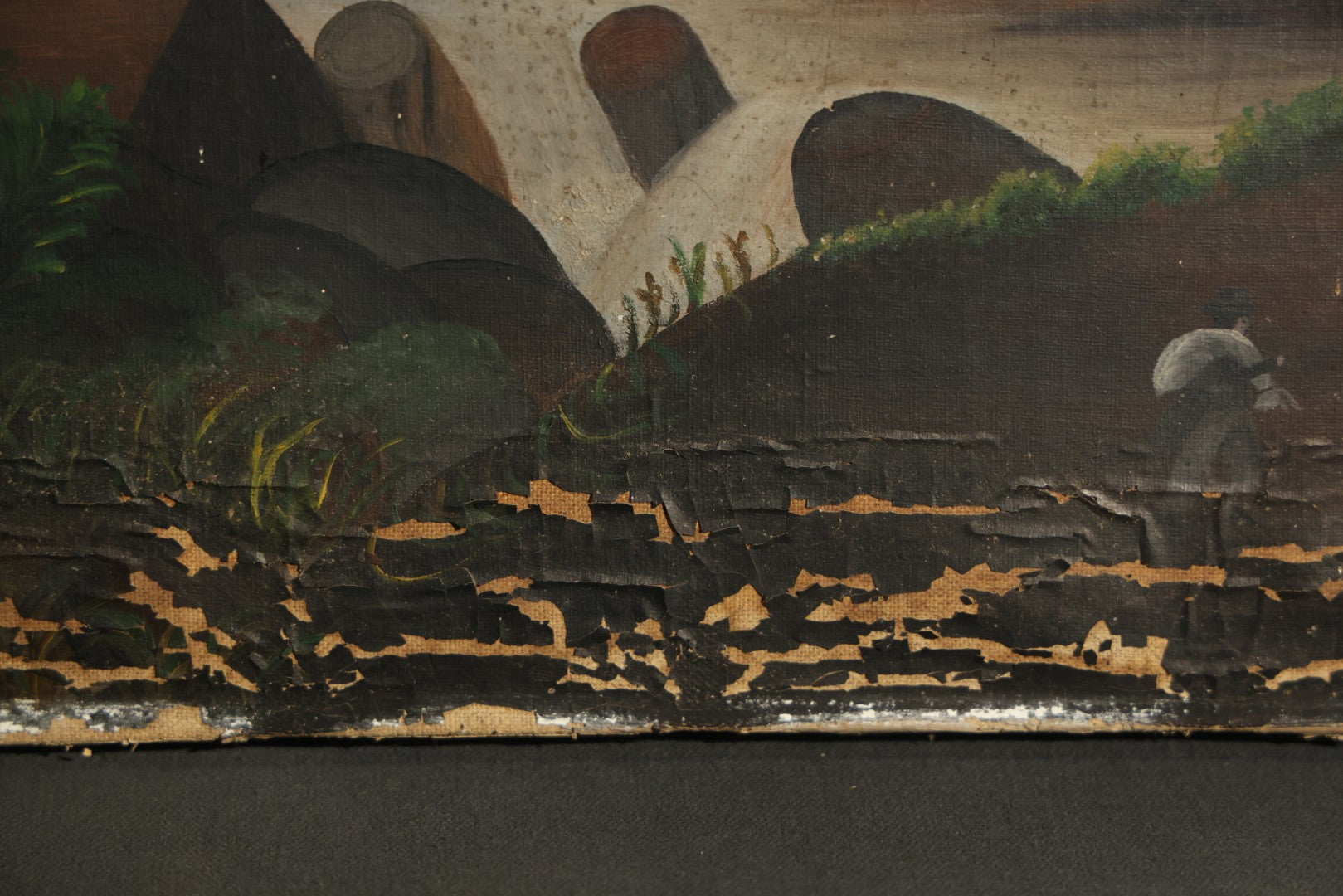 Antique Oil Painting on Canvas Depicting River Landscape with Building and Mountain Vista, poor condition