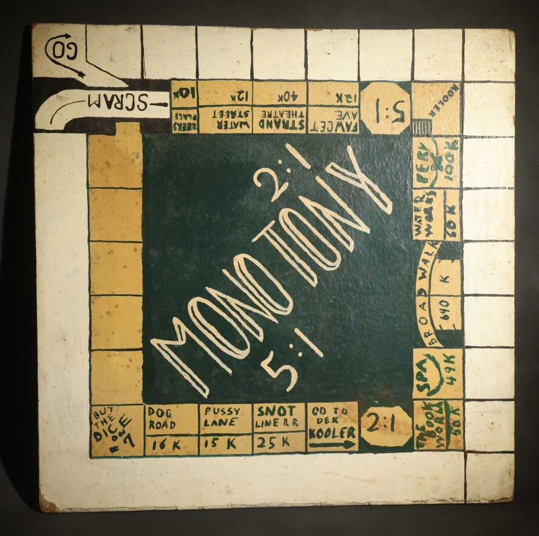 Antique Folk Art Two-Sided Game Board Hand-Painted on Masonite with "Monotony" Monopoly Parody and Checkerboard