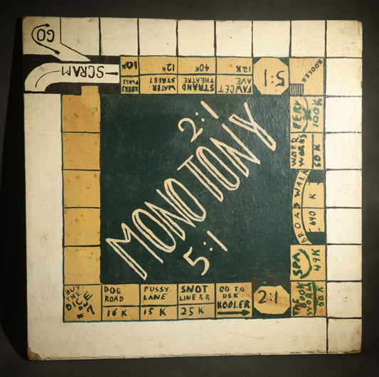 Antique Folk Art Two-Sided Game Board Hand-Painted on Masonite with "Monotony" Monopoly Parody and Checkerboard