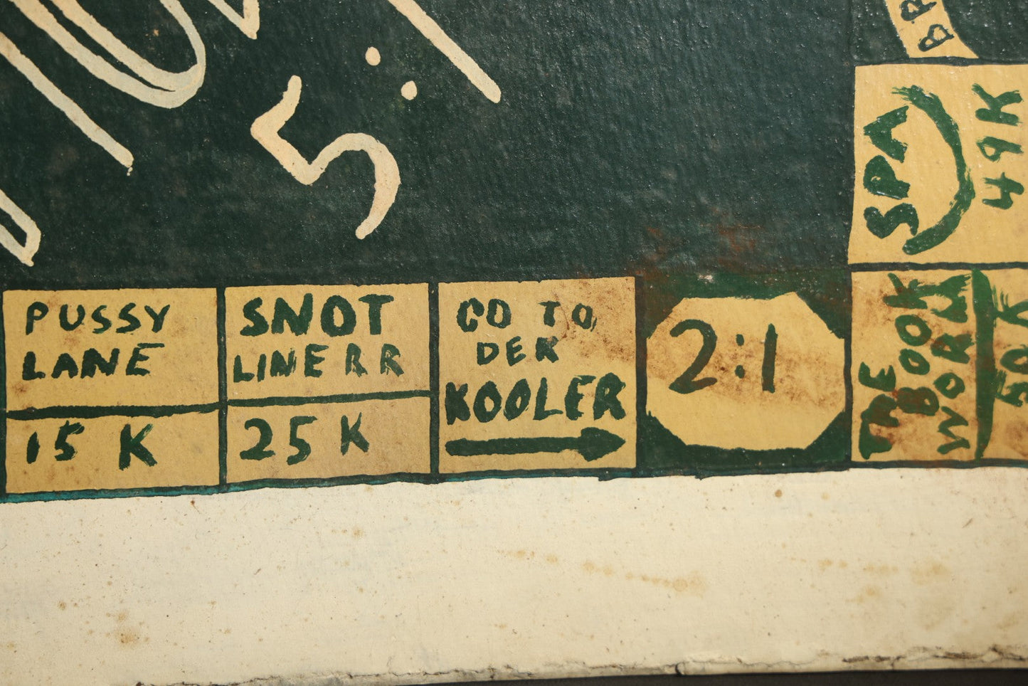 Antique Folk Art Two-Sided Game Board Hand-Painted on Masonite with "Monotony" Monopoly Parody and Checkerboard