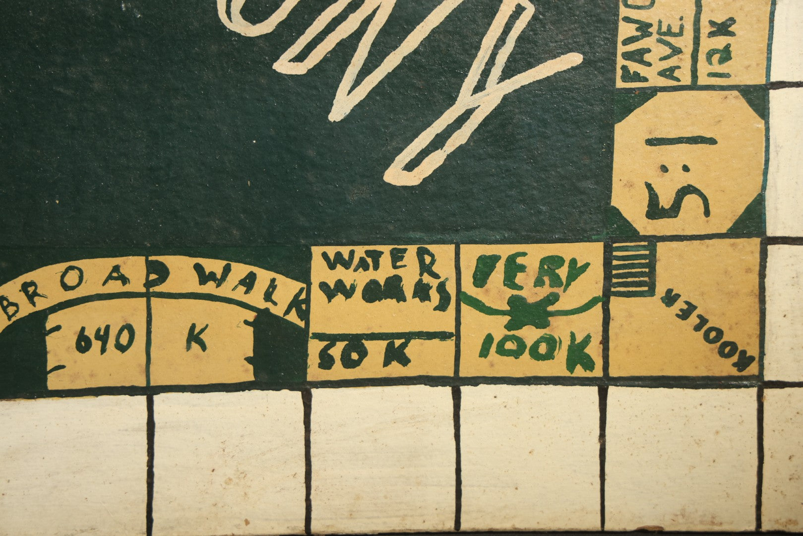 Antique Folk Art Two-Sided Game Board Hand-Painted on Masonite with "Monotony" Monopoly Parody and Checkerboard
