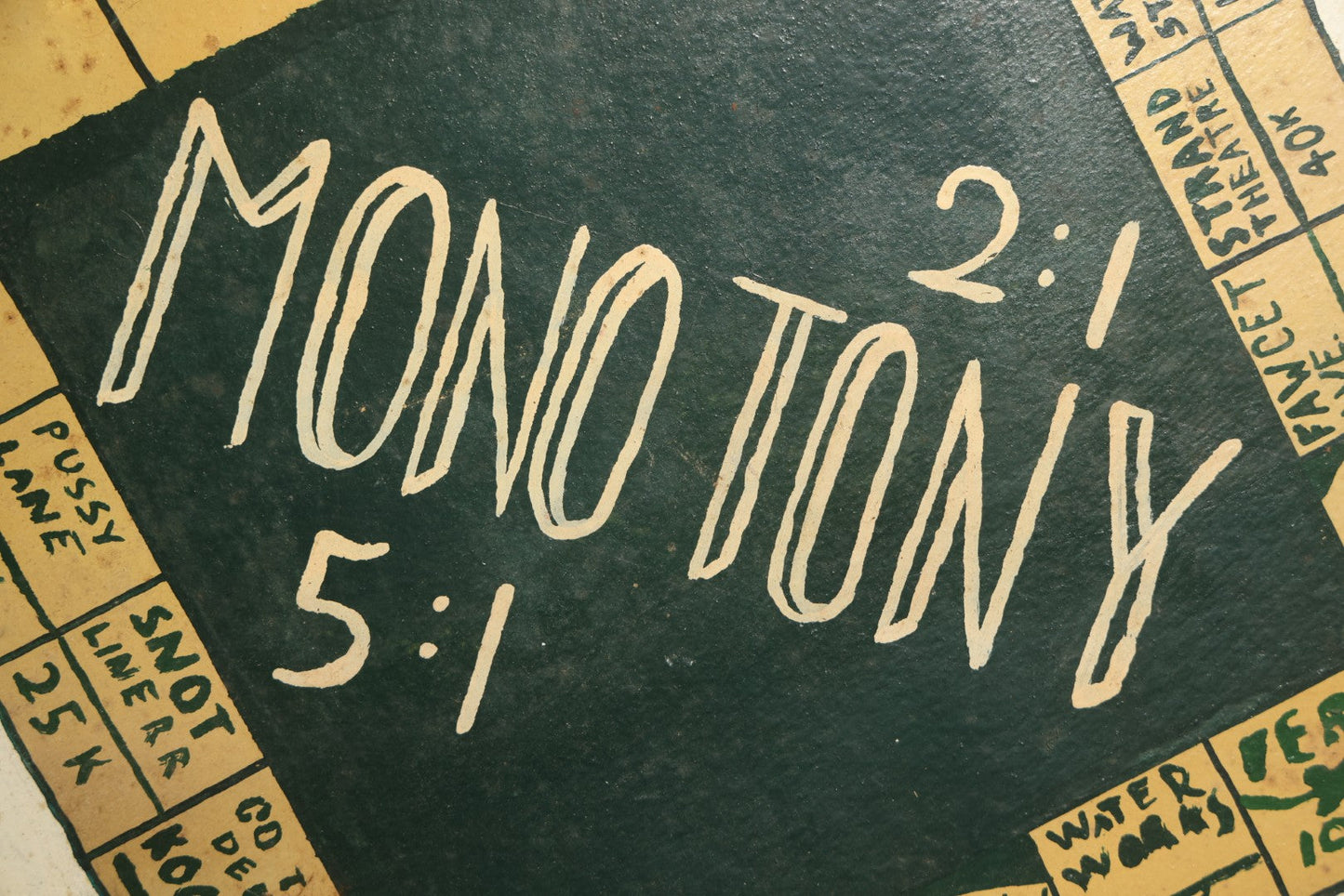 Antique Folk Art Two-Sided Game Board Hand-Painted on Masonite with "Monotony" Monopoly Parody and Checkerboard