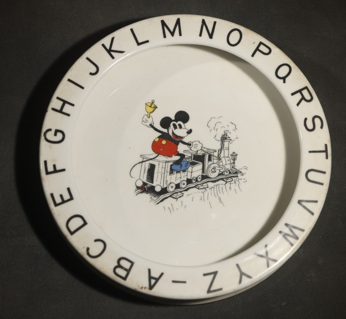 Vintage Mickey Mouse China Alphabet Rim Plate with Train Scene, Made in Bavaria Germany, Circa 1930s, Licensed by Walter E. Disney