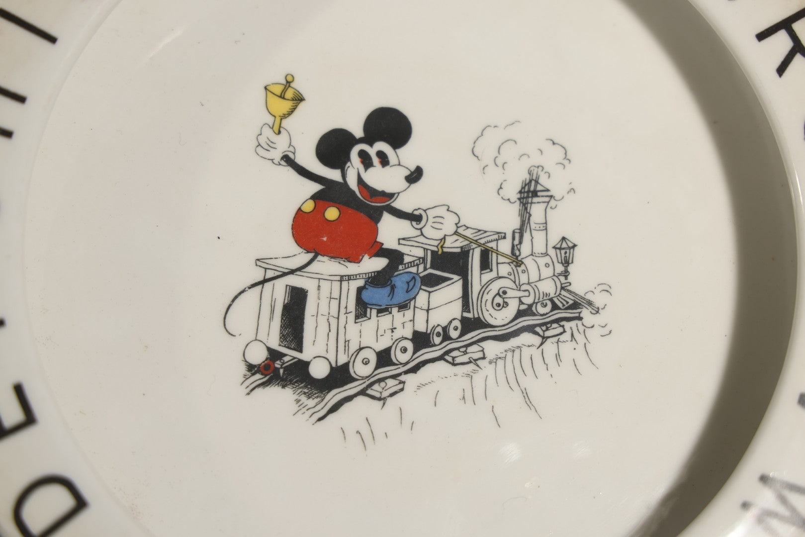 Vintage Mickey Mouse China Alphabet Rim Plate with Train Scene, Made in Bavaria Germany, Circa 1930s, Licensed by Walter E. Disney