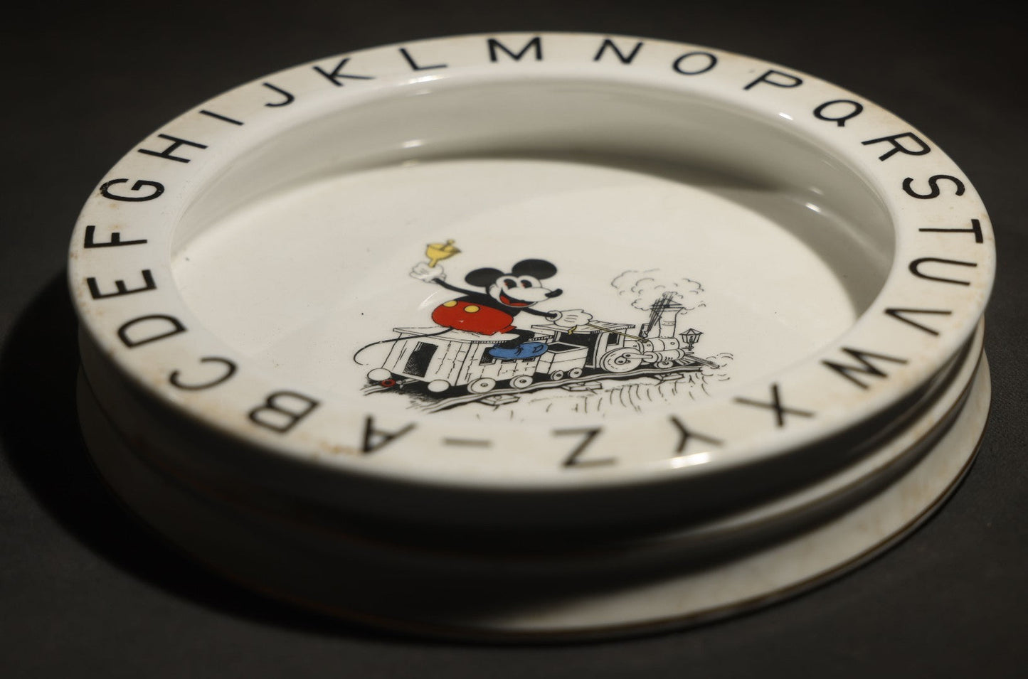 Vintage Mickey Mouse China Alphabet Rim Plate with Train Scene, Made in Bavaria Germany, Circa 1930s, Licensed by Walter E. Disney
