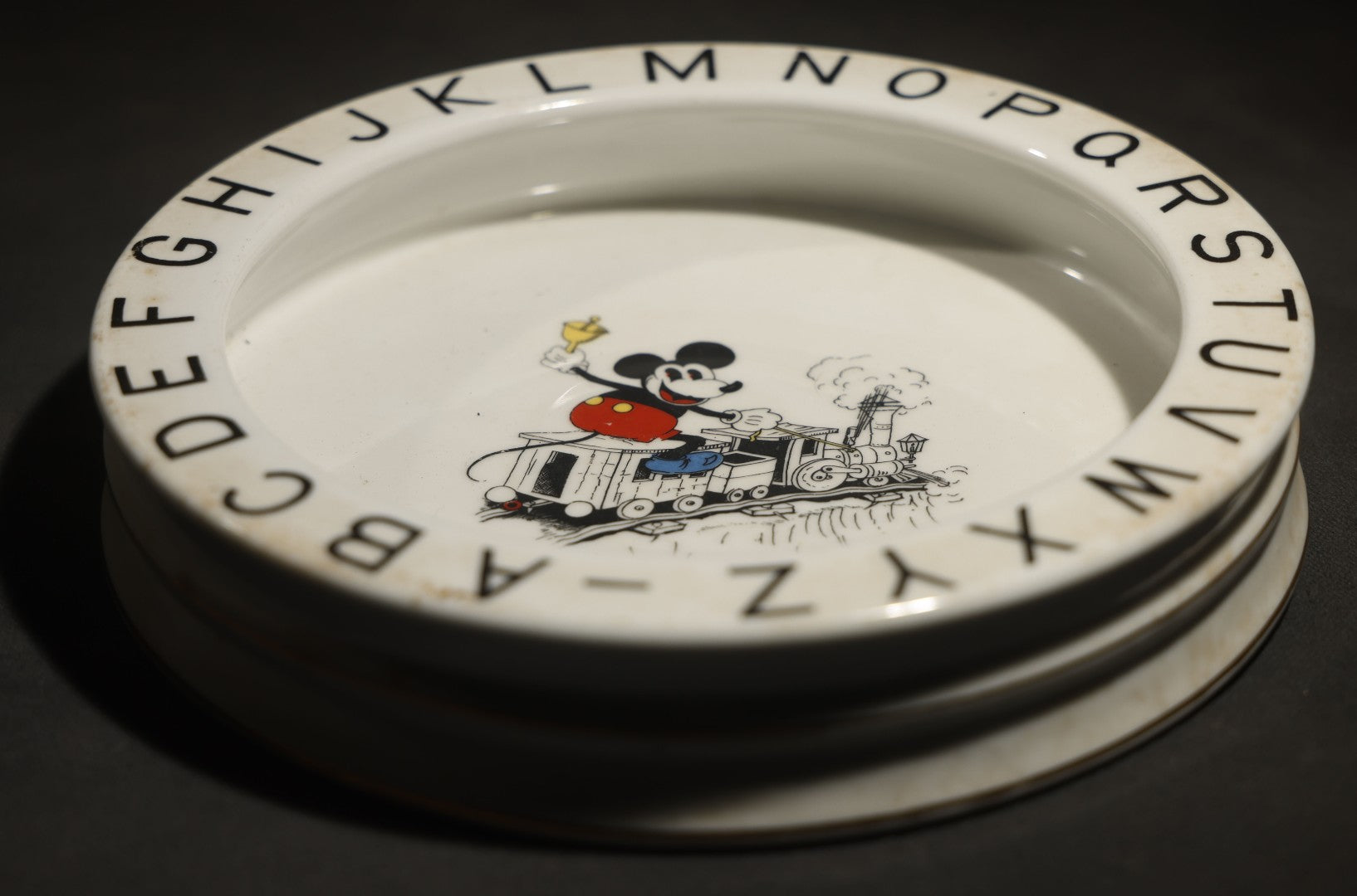 Vintage Mickey Mouse China Alphabet Rim Plate with Train Scene, Made in Bavaria Germany, Circa 1930s, Licensed by Walter E. Disney