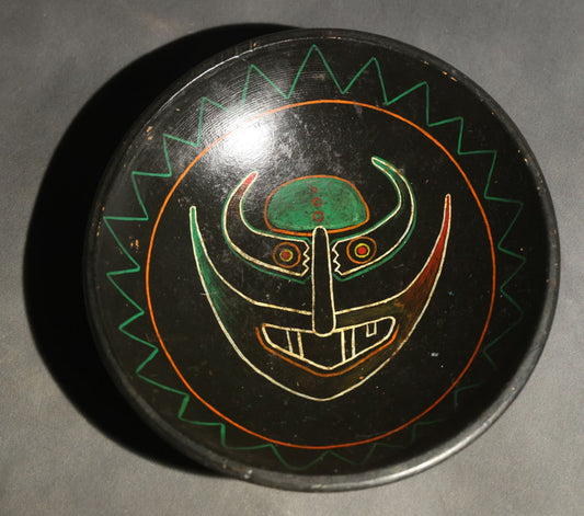 Vintage Hand Painted Folk Art Wood Bowl with Tribal Devil Face Design, Signed Hussey
