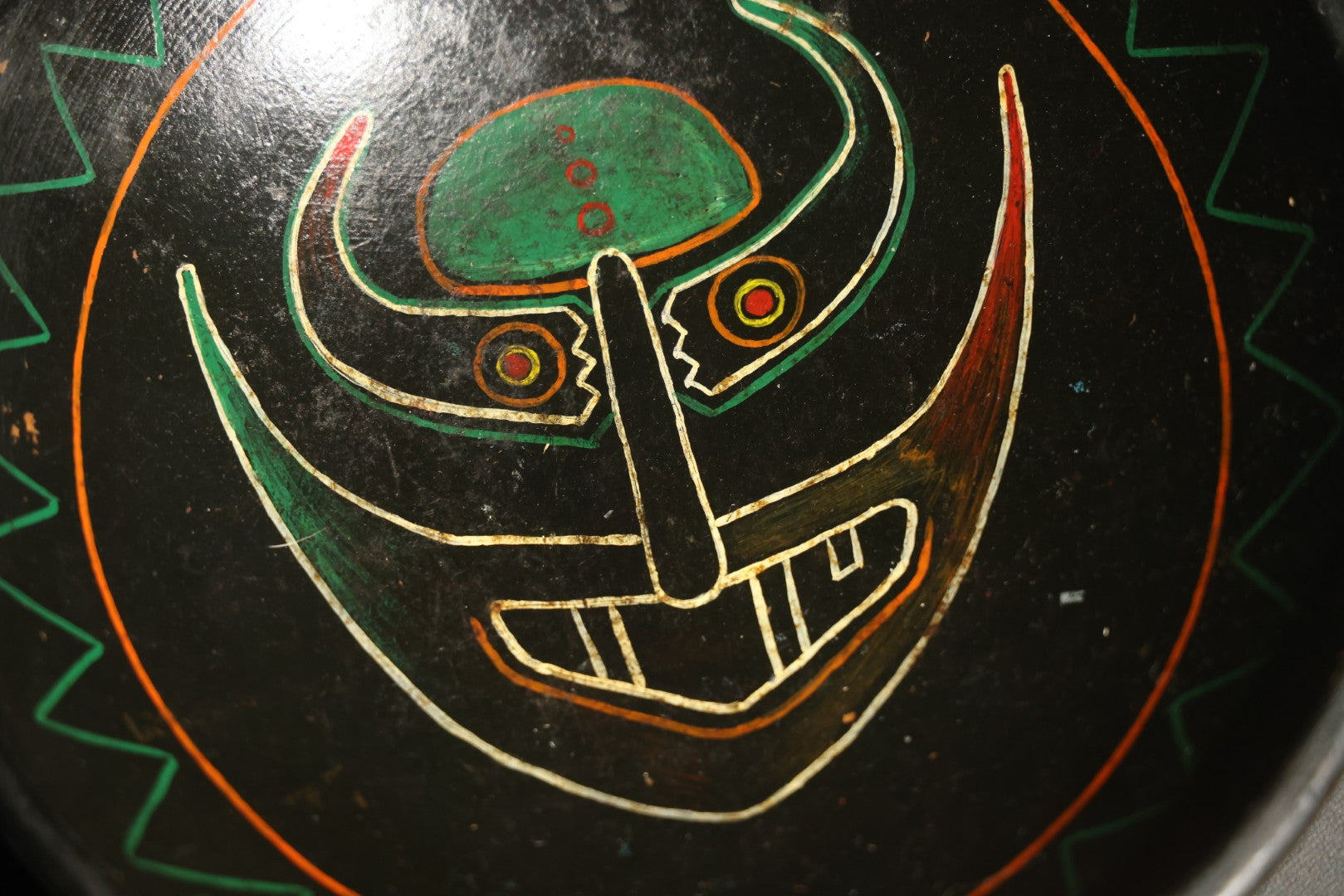 Vintage Hand Painted Folk Art Wood Bowl with Tribal Devil Face Design, Signed Hussey