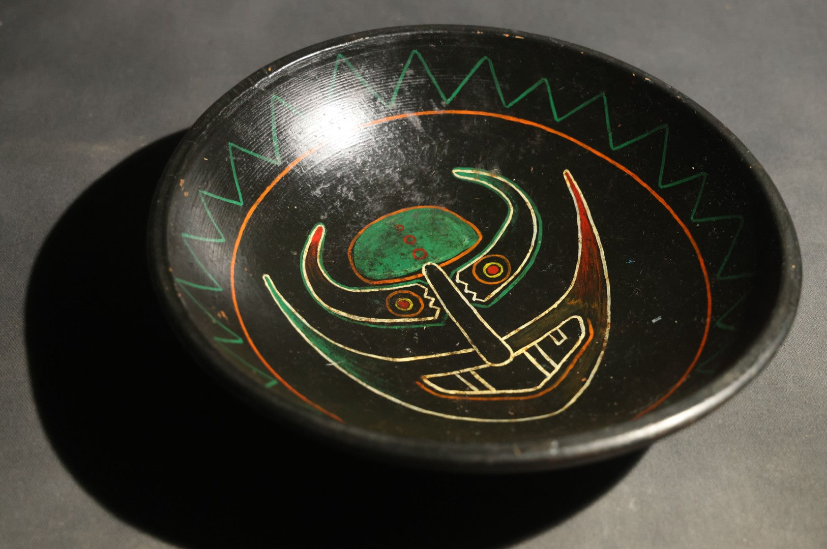 Vintage Hand Painted Folk Art Wood Bowl with Tribal Devil Face Design, Signed Hussey