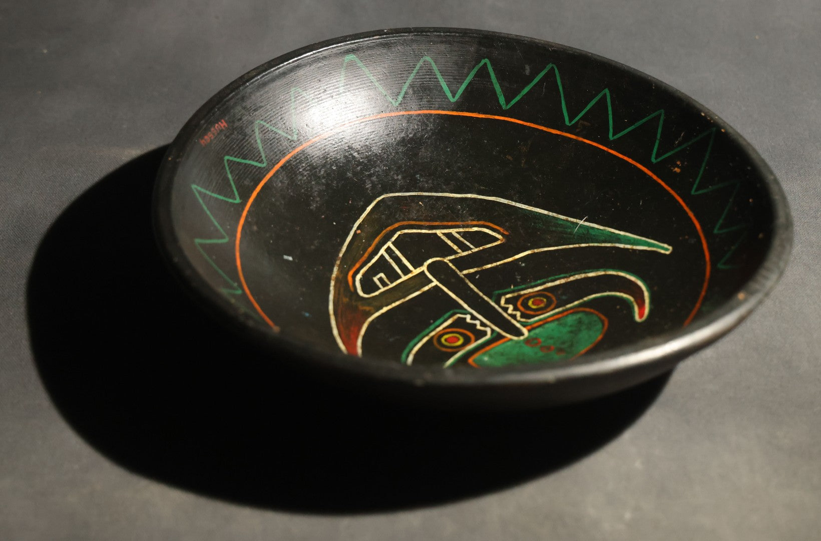 Vintage Hand Painted Folk Art Wood Bowl with Tribal Devil Face Design, Signed Hussey
