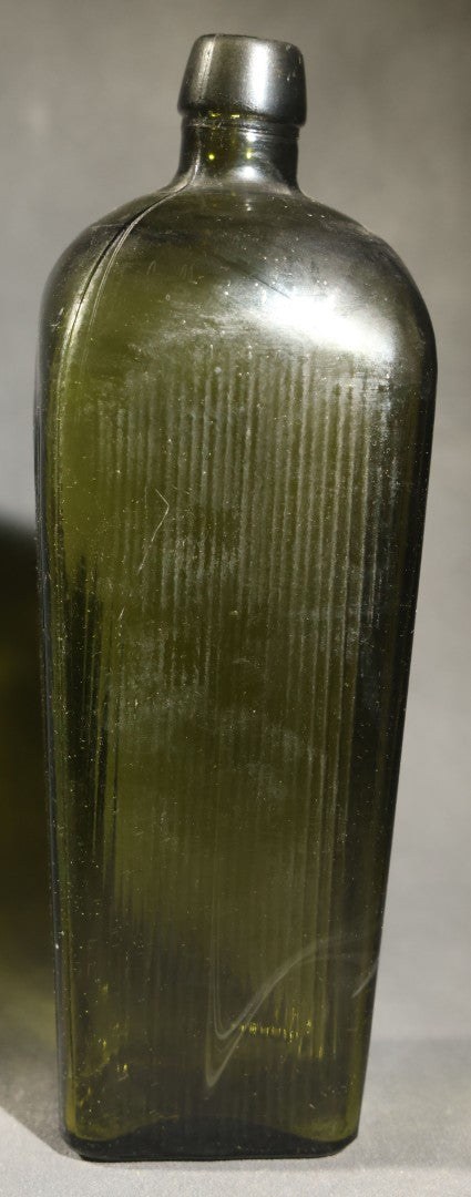 Grouping of Five Antique Case Bottles, Olive Green and Amber Glass, Tapered Square Form, Possible Gin Bottles, 19th Century & 20th century