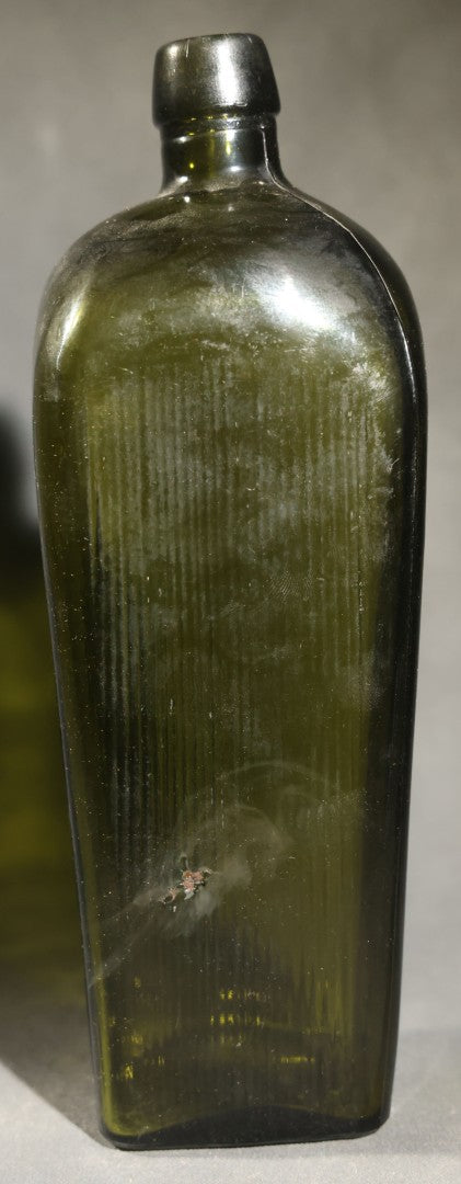 Grouping of Five Antique Case Bottles, Olive Green and Amber Glass, Tapered Square Form, Possible Gin Bottles, 19th Century & 20th century