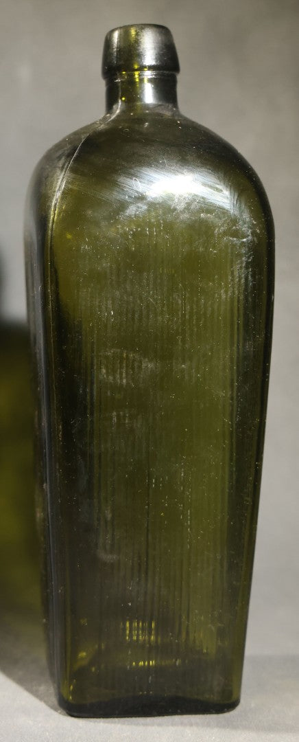 Grouping of Five Antique Case Bottles, Olive Green and Amber Glass, Tapered Square Form, Possible Gin Bottles, 19th Century & 20th century