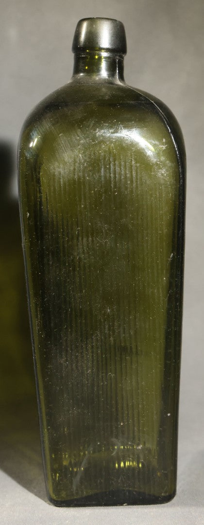 Grouping of Five Antique Case Bottles, Olive Green and Amber Glass, Tapered Square Form, Possible Gin Bottles, 19th Century & 20th century