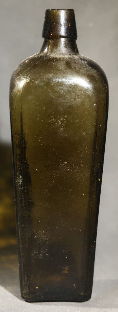 Grouping of Five Antique Case Bottles, Olive Green and Amber Glass, Tapered Square Form, Possible Gin Bottles, 19th Century & 20th century