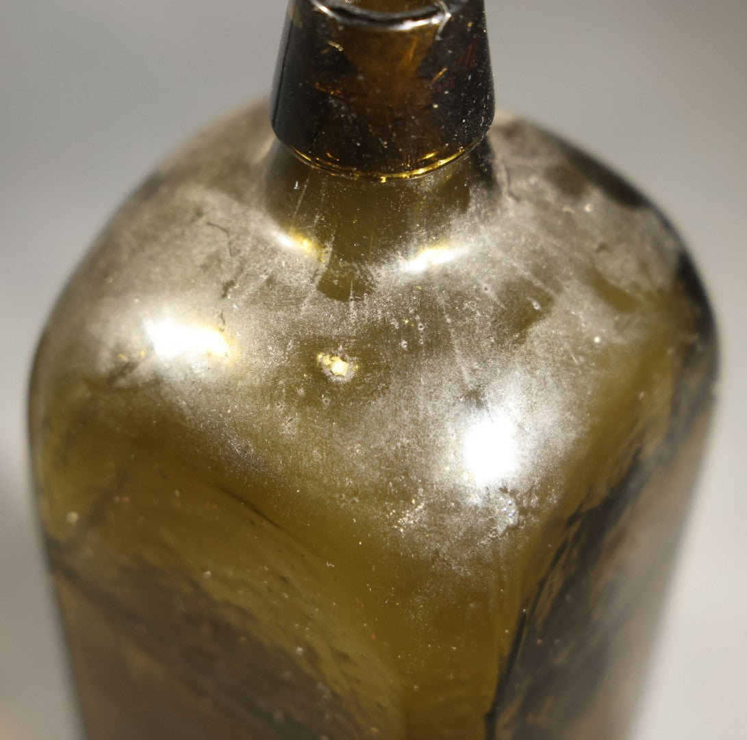 Grouping of Five Antique Case Bottles, Olive Green and Amber Glass, Tapered Square Form, Possible Gin Bottles, 19th Century & 20th century
