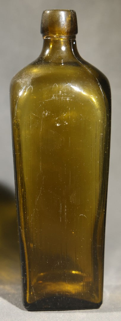 Grouping of Five Antique Case Bottles, Olive Green and Amber Glass, Tapered Square Form, Possible Gin Bottles, 19th Century & 20th century