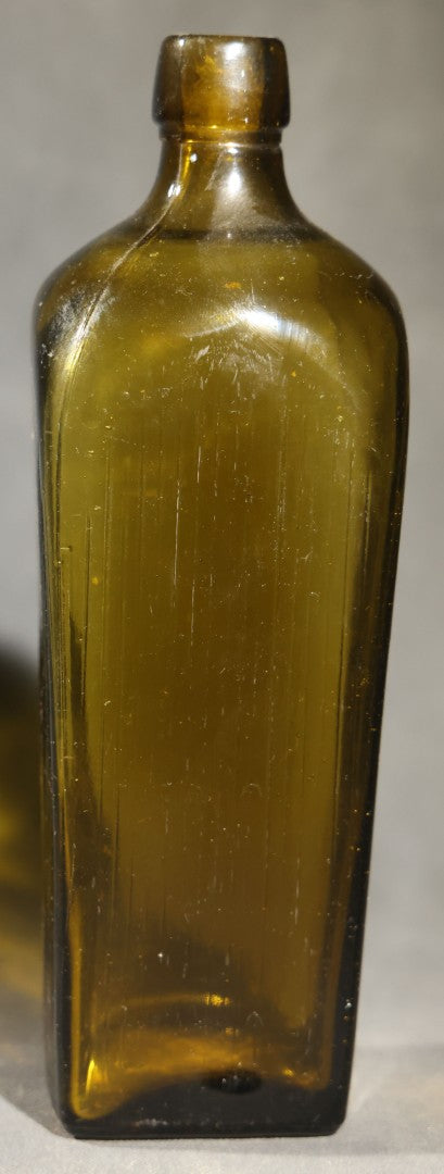 Grouping of Five Antique Case Bottles, Olive Green and Amber Glass, Tapered Square Form, Possible Gin Bottles, 19th Century & 20th century