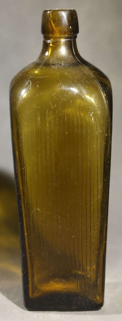 Grouping of Five Antique Case Bottles, Olive Green and Amber Glass, Tapered Square Form, Possible Gin Bottles, 19th Century & 20th century