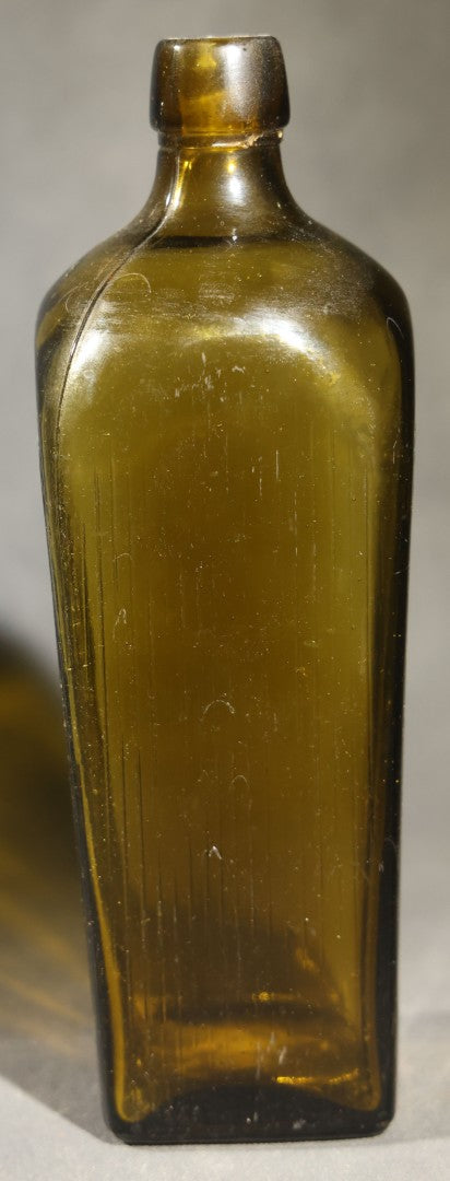 Grouping of Five Antique Case Bottles, Olive Green and Amber Glass, Tapered Square Form, Possible Gin Bottles, 19th Century & 20th century