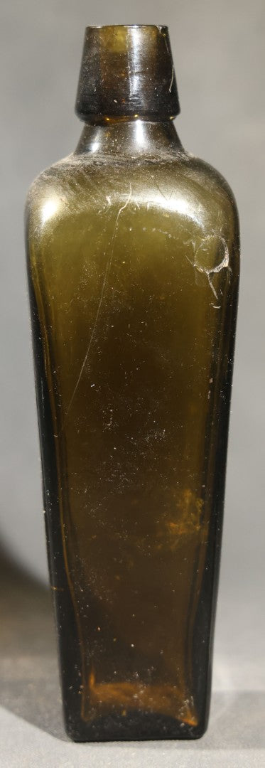 Grouping of Five Antique Case Bottles, Olive Green and Amber Glass, Tapered Square Form, Possible Gin Bottles, 19th Century & 20th century