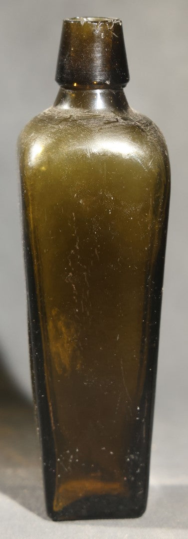 Grouping of Five Antique Case Bottles, Olive Green and Amber Glass, Tapered Square Form, Possible Gin Bottles, 19th Century & 20th century