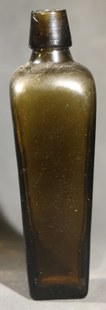 Grouping of Five Antique Case Bottles, Olive Green and Amber Glass, Tapered Square Form, Possible Gin Bottles, 19th Century & 20th century
