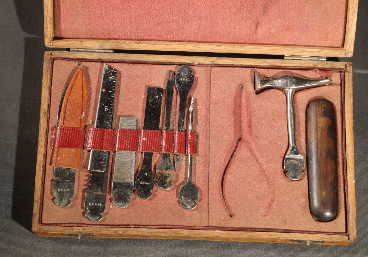 Antique German Medical Instrument Kit in Wooden Box with D.R.G.M. Marked Tools, Modular Handle System