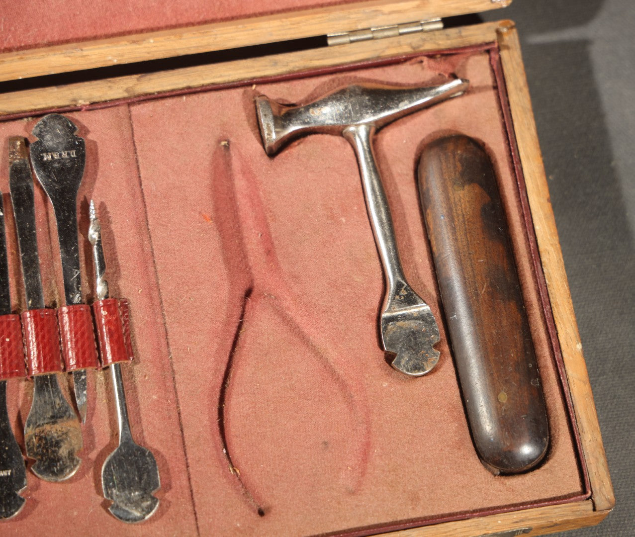 Antique German Medical Instrument Kit in Wooden Box with D.R.G.M. Marked Tools, Modular Handle System