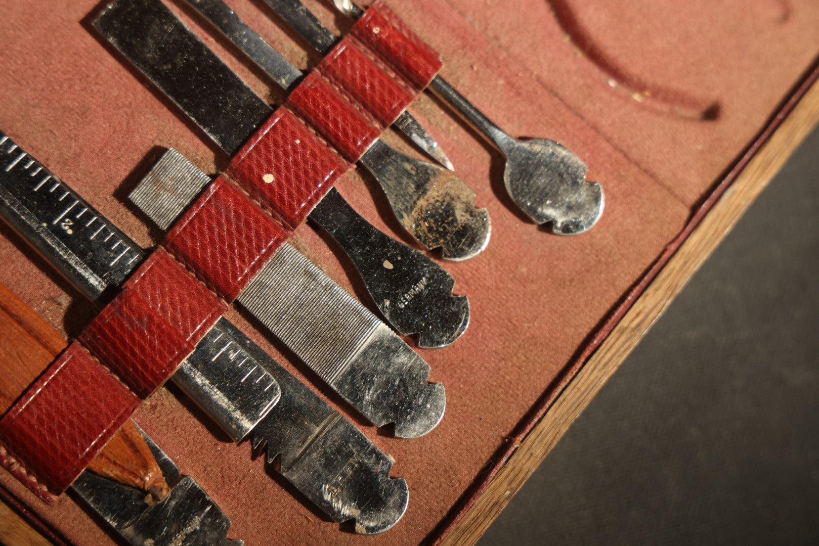 Antique German Medical Instrument Kit in Wooden Box with D.R.G.M. Marked Tools, Modular Handle System