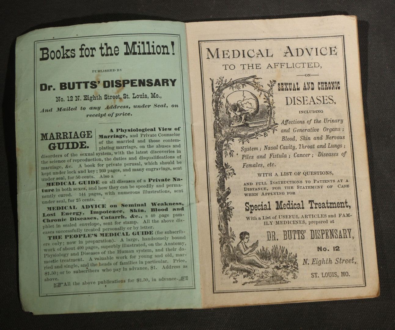 Antique Medical Advice Pamphlet, Dr. Butts' Dispensary, Sexual and Chronic Diseases, St. Louis Missouri, Patent Medicine Ads