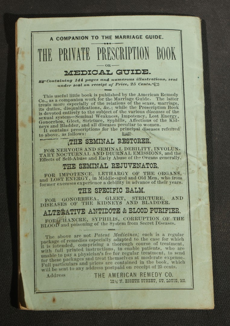 Antique Medical Advice Pamphlet, Dr. Butts' Dispensary, Sexual and Chronic Diseases, St. Louis Missouri, Patent Medicine Ads