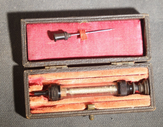 Antique Medical Syringe with Glass Barrel and Gutta Percha Fittings in Original Case
