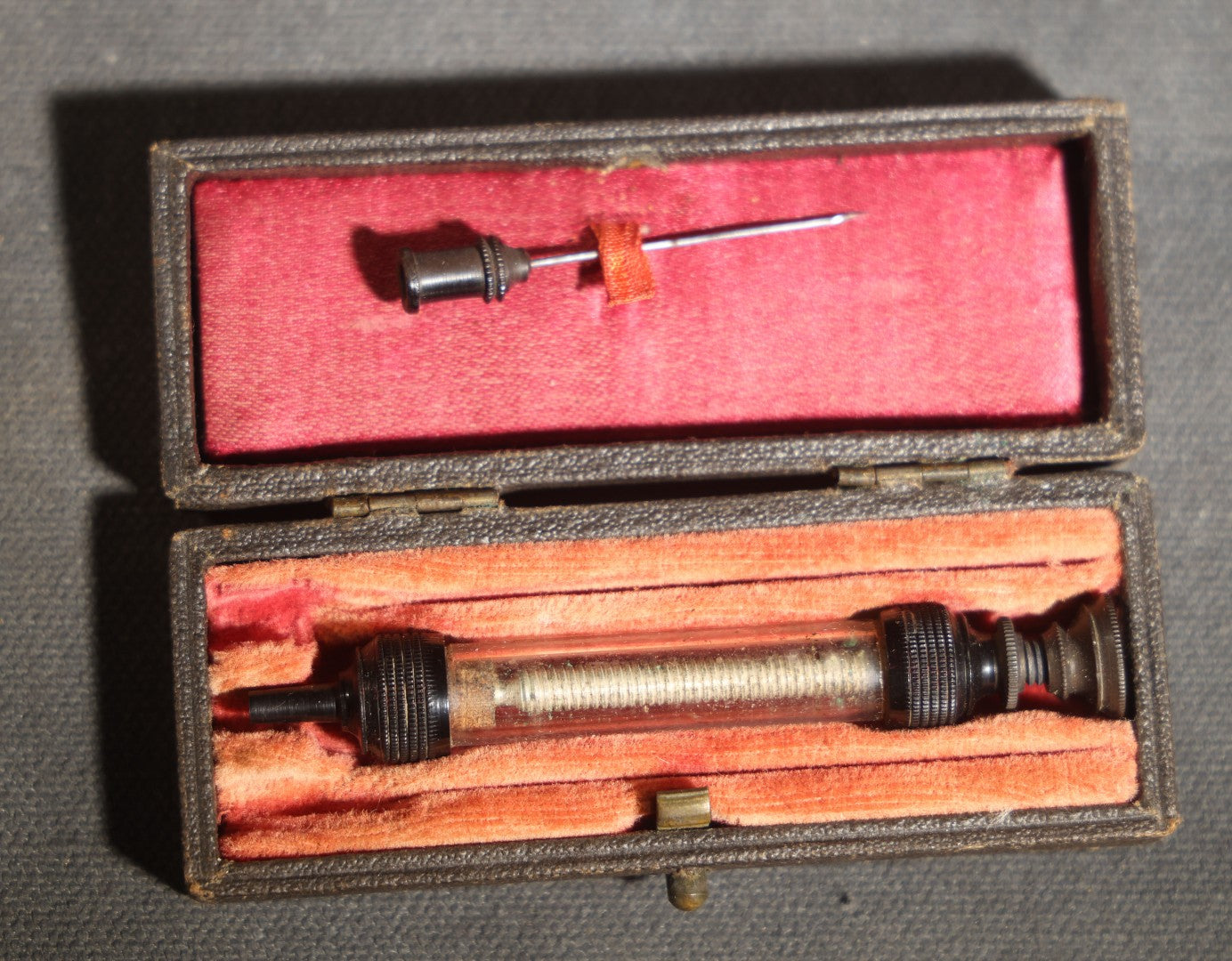 Antique Medical Syringe with Glass Barrel and Gutta Percha Fittings in Original Case